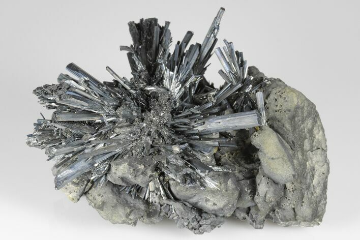 Metallic Stibnite Crystal Spray On Matrix - Xikuangshan Mine, China #175928